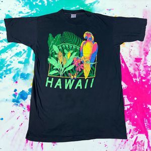 Vintage Poly Tees Shirt Adult XXXL Black Hawaii Parrot 1990 Flowers Butterfly